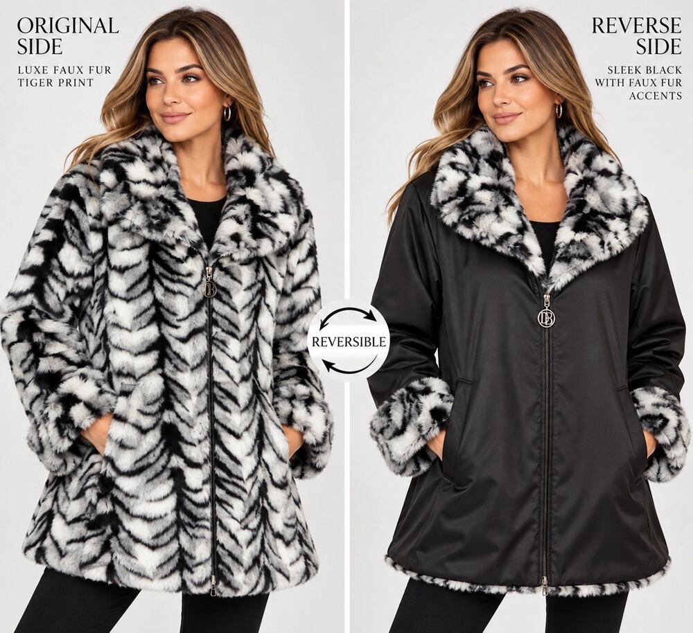Dennis Basso Reversible Faux Fur Coat Women Tiger Print Black NWT